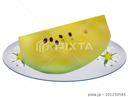 お皿に盛られた「カットした黄色い小玉スイカ」白皿  花柄 101250585