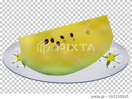 お皿に盛られた「カットした黄色い小玉スイカ」白皿  花柄 101250585