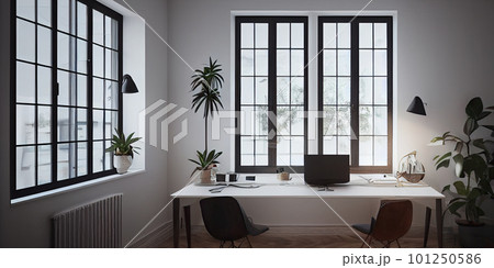 mock up poster frame in boho interior background, wooden living room design, Scandinavian style. Generative AI illustration 101250586