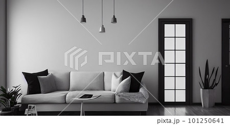 mock up poster frame in boho interior background, wooden living room design, Scandinavian style. Generative AI illustration 101250641