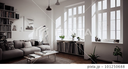 mock up poster frame in boho interior background, wooden living room design, Scandinavian style. Generative AI illustration mock up poster frame in boho interior background, wooden living room design, Scandinavian style. Generative AI illustration 101250688