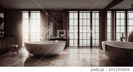 Luxury bathroom with marble. Modern interior hotel or home design with clean and elegance space. Natural lighting window. Generative AI illustration Luxury bathroom with marble. Modern interior hotel or home design with clean and elegance space. Natural lighting window. Generative AI illustration 101250689