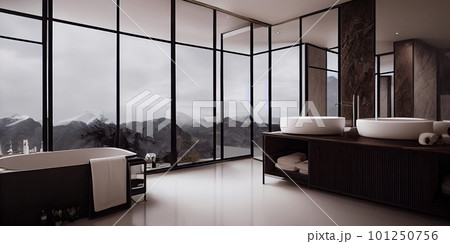 Luxury bathroom with marble. Modern interior hotel or home design with clean and elegance space. Natural lighting window. Generative AI illustration Luxury bathroom with marble. Modern interior hotel or home design with clean and elegance space. Natural lighting window. Generative AI illustration 101250756