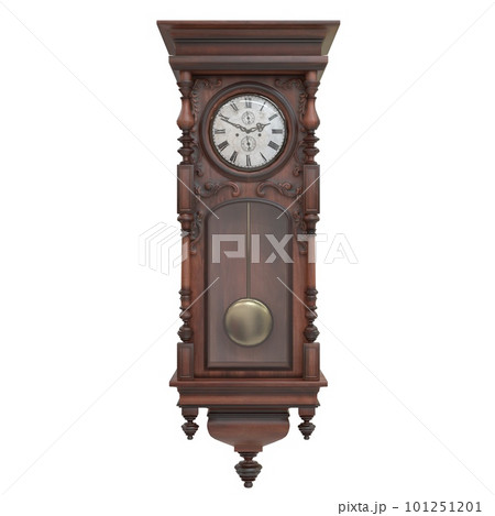 Vintage wooden clock isolated on white background. 3D illustration 101251201