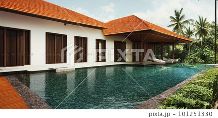 Luxury with tropical Jungle villa resort luxurious swimming pool. Generative AI illustration 101251330