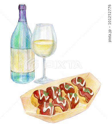 たこ焼きとワイン 水彩イラスト たこ焼きとワイン 水彩イラスト 101252776