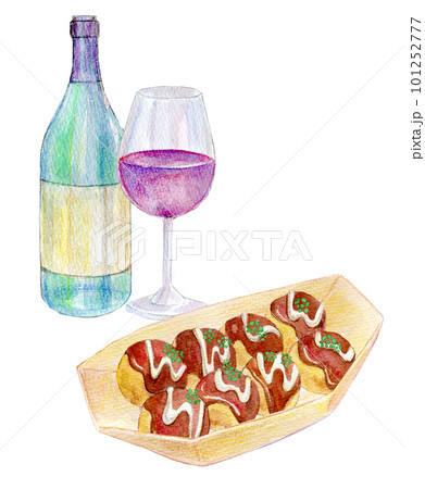 たこ焼きとワイン 水彩イラスト たこ焼きとワイン 水彩イラスト 101252777