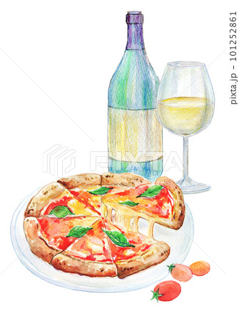 ピザとワインのセット　水彩イラスト 101252861