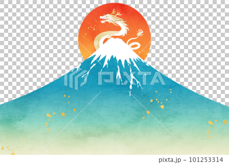 水彩の富士山と辰と初日の出の2024年年賀状のベクターイラスト
