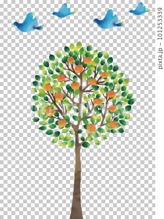 橘樹和青鳥垂直水彩接觸景觀 101253339