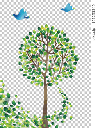 Watercolor touch Landscape of green trees, flowing leaves and blue birds Vertical 101253340