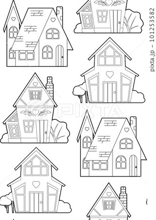Vector seamless pattern with a contour country houses on white background. Monochrome texture with outline dollhouse with front view for fabric. Vector seamless pattern with a contour country houses on white background. Monochrome texture with outline dollhouse with front view for fabric. 101253582
