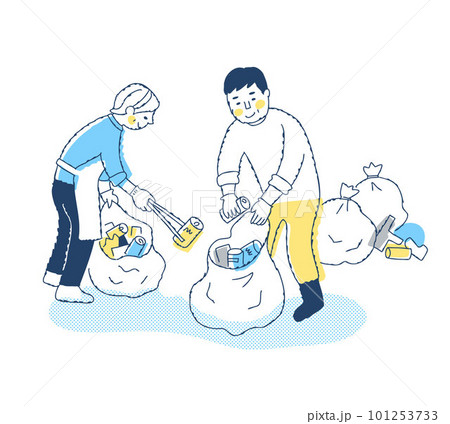 空き缶などのゴミを拾っている男女 101253733