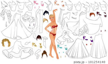 Ballroom Dancing Coloring Page Paper Doll with Female Figure, Outfits, Hairstyles and Accessories. Vector Illustration 101254140