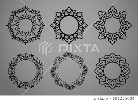 Set of decorative frames Elegant vector element for design in Eastern style, place for text. Floral black and gray borders. Lace illustration for invitations and greeting cards Set of decorative frames Elegant vector element for design in Eastern style, place for text. Floral black and gray borders. Lace illustration for invitations and greeting cards 101255004