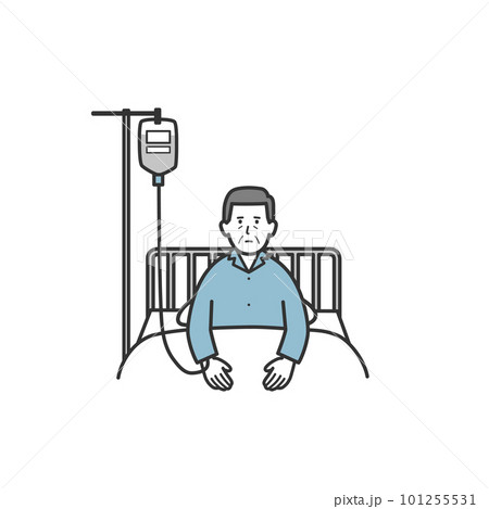 不安な表情で病院で点滴を受ける年配男性のイラスト 101255531