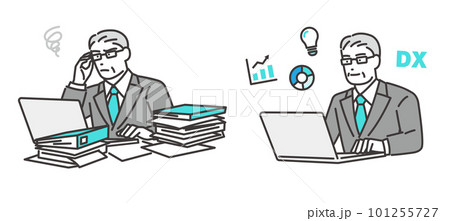DX化で作業効率が進んだシニアの経営者のベクターイラスト素材/ビジネスパーソン/IT/スーツ/DX DX化で作業効率が進んだシニアの経営者のベクターイラスト素材/ビジネスパーソン/IT/スーツ/DX 101255727