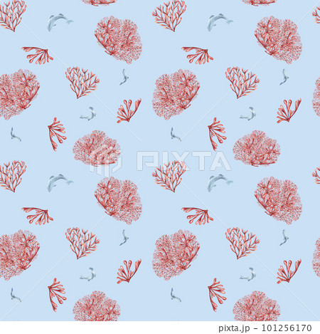 Seamless pattern of sea plants, coral watercolor isolated on blue background. Pink agar agar seaweed and fish hand drawn. Design element for package, textile, paper, wrapping, marine collection Seamless pattern of sea plants, coral watercolor isolated on blue background. Pink agar agar seaweed and fish hand drawn. Design element for package, textile, paper, wrapping, marine collection 101256170