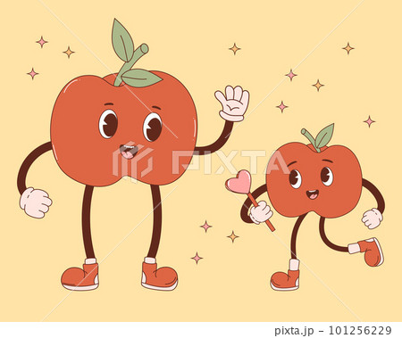 Happy retro character apple mom with baby. Groovy fruits. Nostalgic Vector Illustration. Aesthetic modern art family apple mascot for design, baby collection, decor, postcards. 101256229