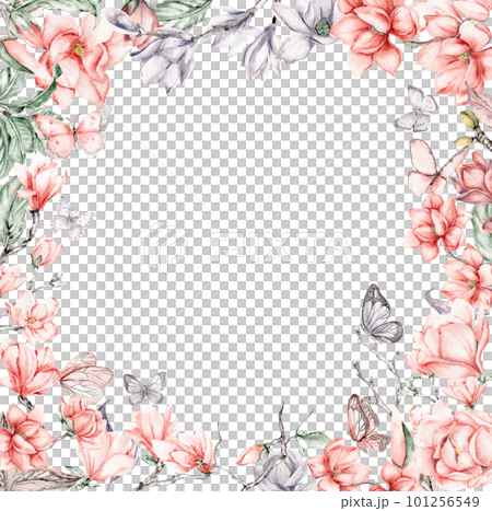 Watercolor hand drawn spring garden full of flowers square frame. Watercolor illustration for scrapbooking. Cartoon hand drawn background with flower for kids design. Perfect for wedding invitation. 101256549
