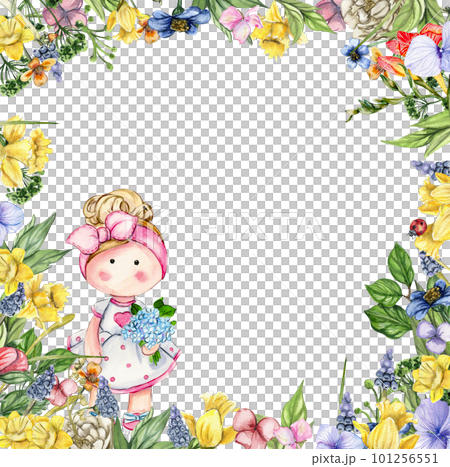 Watercolor square flower frame in cartoon style with a cute girl doll in a dress. Cartoon hand drawn background with flower princess and yellow flowers for kids design. Perfect for wedding invitation. 101256551