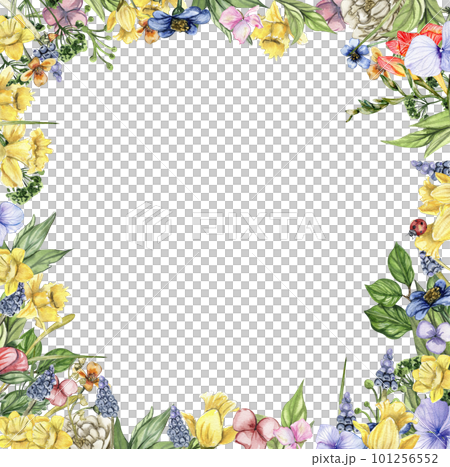 Watercolor hand drawn spring garden full of flowers square frame. Watercolor illustration for scrapbooking. Cartoon hand drawn background with flower for kids design. Perfect for wedding invitation. Watercolor hand drawn spring garden full of flowers square frame. Watercolor illustration for scrapbooking. Cartoon hand drawn background with flower for kids design. Perfect for wedding invitation. 101256552