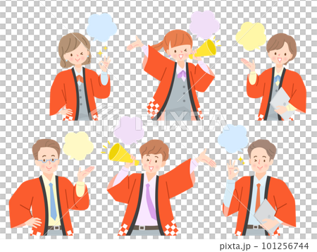 Illustration set of multiple male and female staff working in happi coats Illustration set of multiple male and female staff working in happi coats 101256744