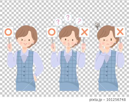 一位年輕女子拿著一張圓形和十字形卡片的表情插圖集 101256748