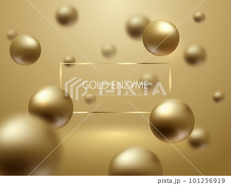 Abstract flying sphere golden balls on studio background. Rectangular gold frame header. Blurred globes. Luxury trendy design for cosmetic poster or package label 101256919