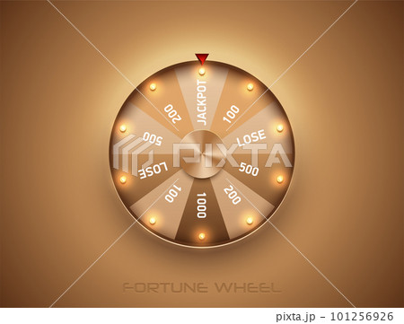 Luxury fortune wheel spin mashine. Cut frame, isolated on golden background. Casino banner design element or icon. Gold sector with led bulb light 101256926