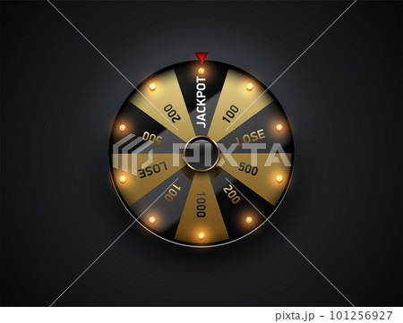 Luxury fortune wheel spin mashine. Cut frame, isolated on black background. Casino banner design element or icon. Golden and glossy black sector with led bulb light 101256927