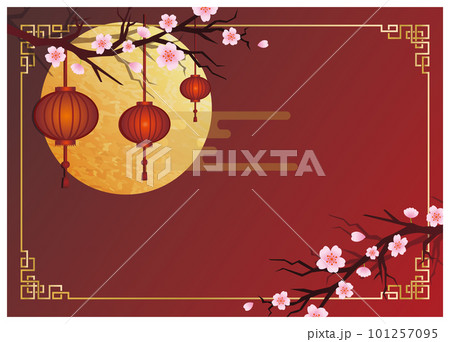 華やかな桜と赤い提灯の中華風フレーム飾り枠背景 101257095