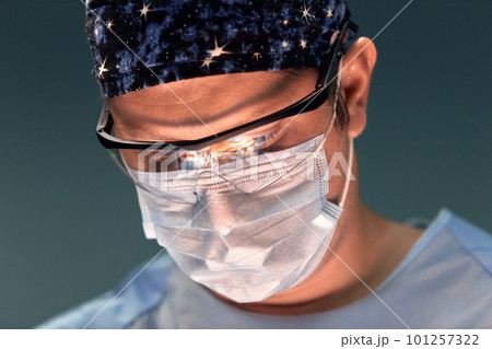 The doctor performs an operation in a dark operating room with a lamp in the background, a professional surgeon during a stressful operation. The doctor performs an operation in a dark operating room with a lamp in the background, a professional surgeon during a stressful operation. 101257322