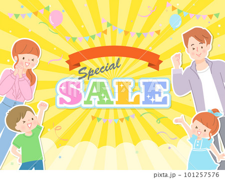 セール広告用のイメージ背景と元気な家族のデザイン素材 セール広告用のイメージ背景と元気な家族のデザイン素材 101257576