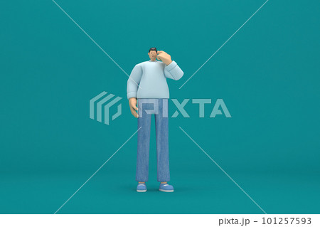 cartoon character wearing jeans and  long shirt. He is expression  of body and hand when talking. 3d rendering in acting. 101257593