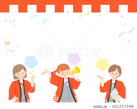 法被姿の女性達と催事用背景のイラストセット 101257599