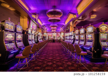 Casino interior. Slot machine in neon light. Generate Ai 101258159