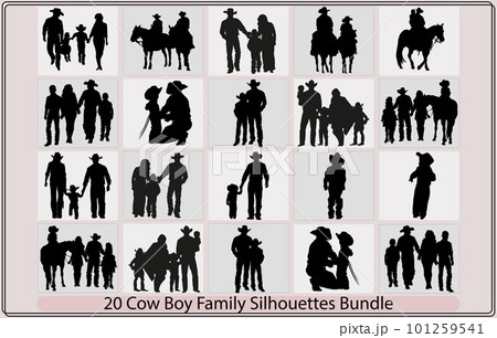 boy and girl wearing cowboy hats riding running horses with their father - ranch kids black and white vector silhouette design set,silhouette of cowboy dad holding boy,silhouette cowboy and girl ridin 101259541