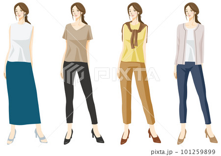 カジュアルな服装の女性イラストセット カジュアルな服装の女性イラストセット 101259899