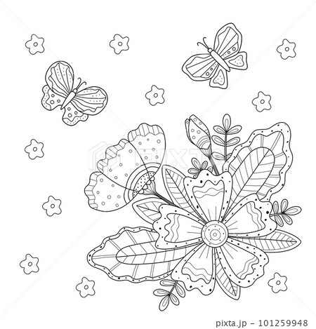 Simple kids coloring book with cute flowers and butterfly. Vector illustration with an elementary outline, silhouette of plants and ornament Simple kids coloring book with cute flowers and butterfly. Vector illustration with an elementary outline, silhouette of plants and ornament 101259948