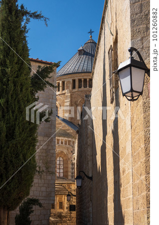Old castle temple with streetlamp and trees 101260882
