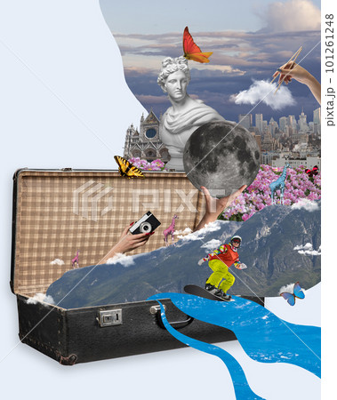 Creative design with travelling attributes. All around the world tourism. Summer and winter season. City and nature landmarks. Contemporary art collage. Creative design with travelling attributes. All around the world tourism. Summer and winter season. City and nature landmarks. Contemporary art collage. 101261248