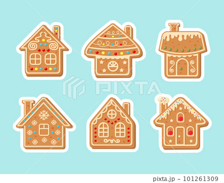 Christmas gingerbread house sticker set. New Year decorative glazed cookies. Winter homemade sweets. Christmas gingerbread house sticker set. New Year decorative glazed cookies. Winter homemade sweets. 101261309