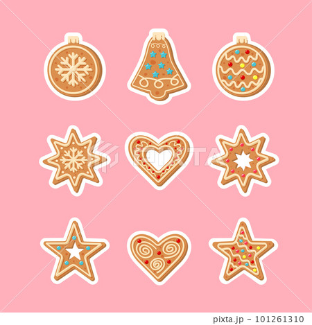 Christmas gingerbread sticker set. New Year decorative glazed cookies such as balls, bell, snowflakes, hearts and stars. Christmas gingerbread sticker set. New Year decorative glazed cookies such as balls, bell, snowflakes, hearts and stars. 101261310
