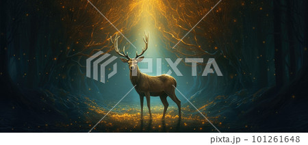 art with a magical forest deer with big golden horns, she stands in a clearing with flowers, behind him a huge tree glowing with yellow divine light. 2d illustration 101261648