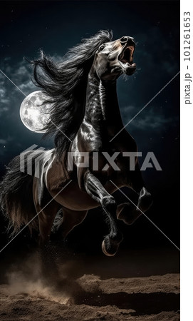 A black coated Friesian horse rears up on a small grassy cliff. The night wind blows through the animal's mane and tail. Behind it, the full moon fills the sky. 3D Rendering 101261653