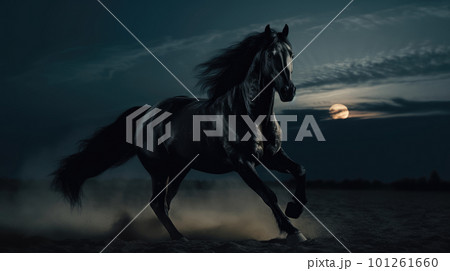 A black coated Friesian horse rears up on a small grassy cliff. The night wind blows through the animal's mane and tail. Behind it, the full moon fills the sky. 3D Rendering 101261660