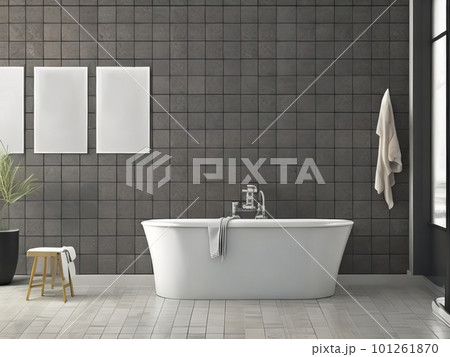 White bathtub, dark grey tiles, and three posters above. Generative AI. White bathtub, dark grey tiles, and three posters above. Generative AI. 101261870