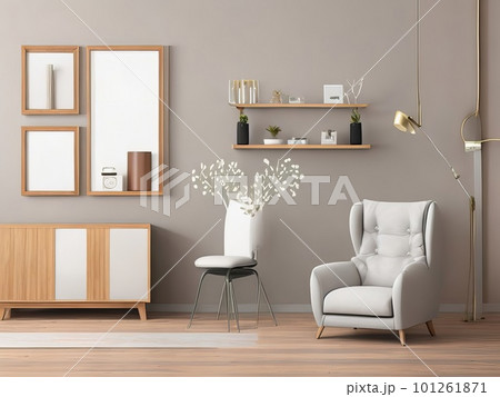Interior of modern living room with empty white picture frames on wall. Generative AI. Interior of modern living room with empty white picture frames on wall. Generative AI. 101261871