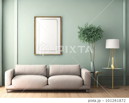 Interior of modern living room with empty white picture frame on wall. Generative AI. 101261872